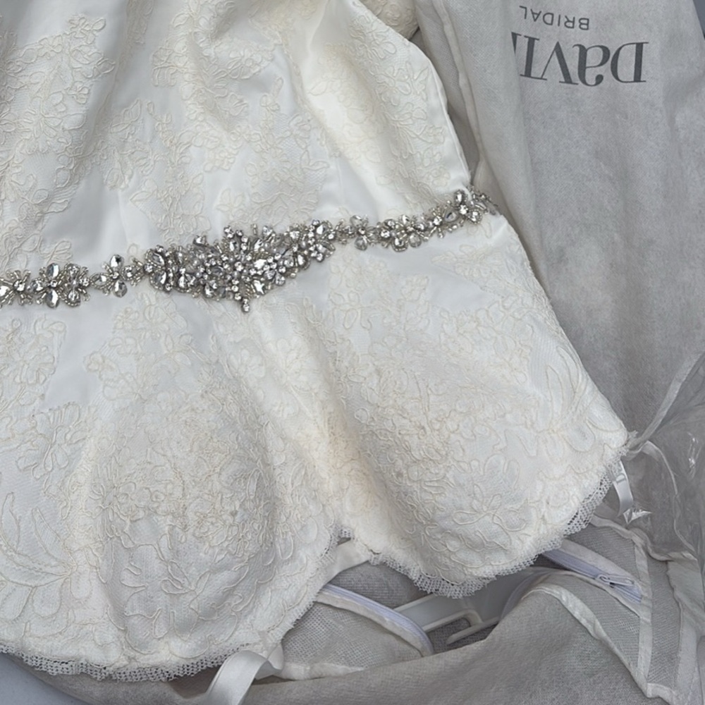 David's Bridal Cream Lace Dress with Silver Embellishments